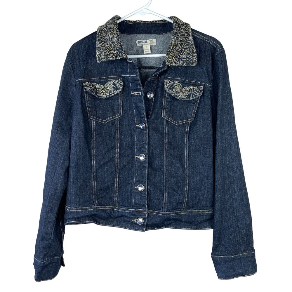 Jeanstar Embroidered Jean Jacket Womens L‎ Blue Denim Ramie Blend Western Boho